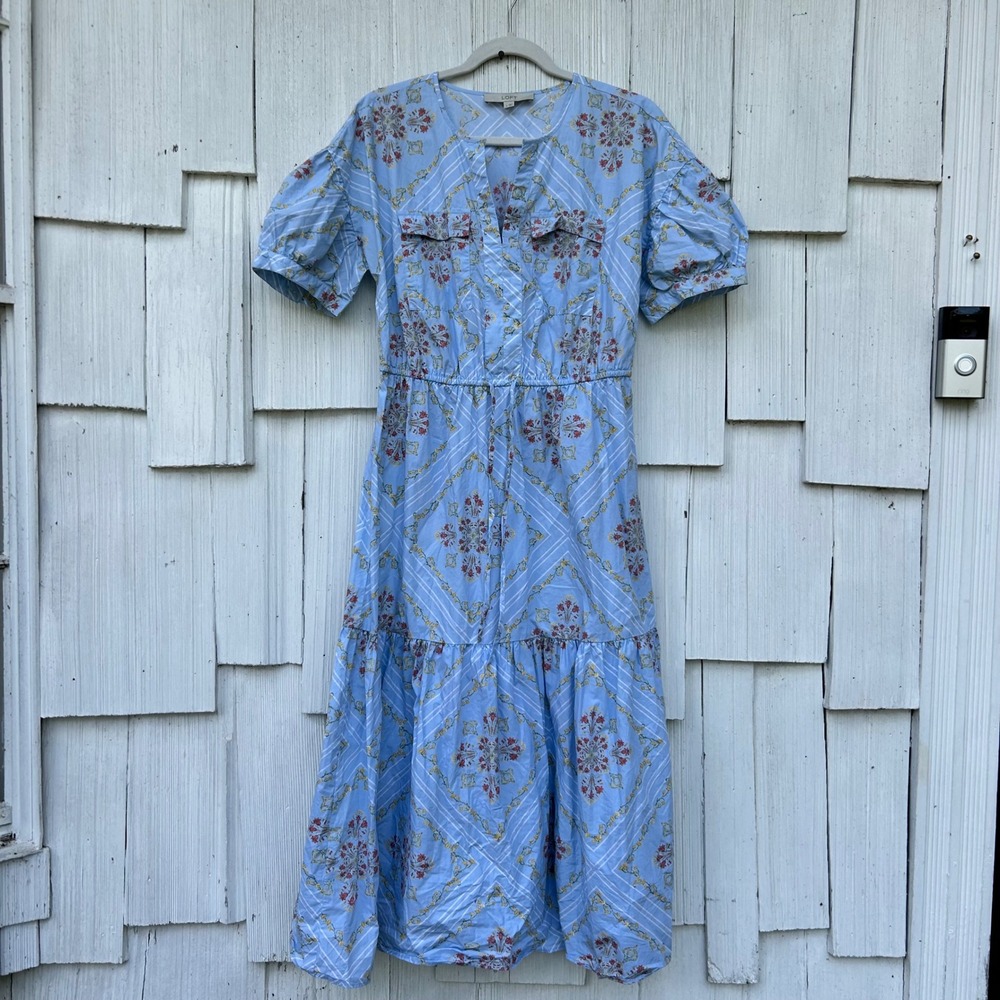 LOFT Women's Small Blue Floral Print Tiered Midi Dress Short Sleeve Pockets - Picture 2 of 8